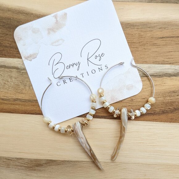 Neutral Shell Beaded Handmade Steel Hoop Earrings - Picture 3 of 6